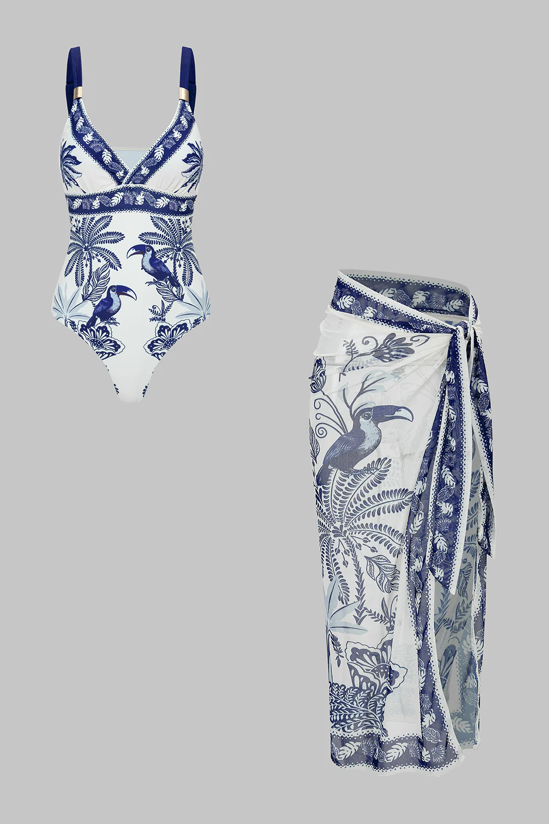 Bird Print Wrap 3-Piece Bikini Set - Flockneti