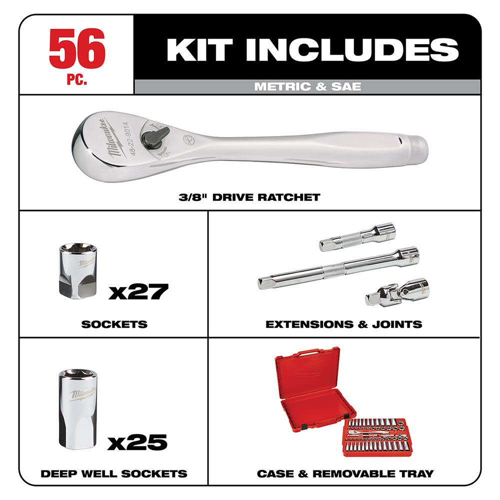 Milwaukee 3/8 in. Drive 56 pc. Ratchet & Socket Set – SAE & Metric - Flockneti
