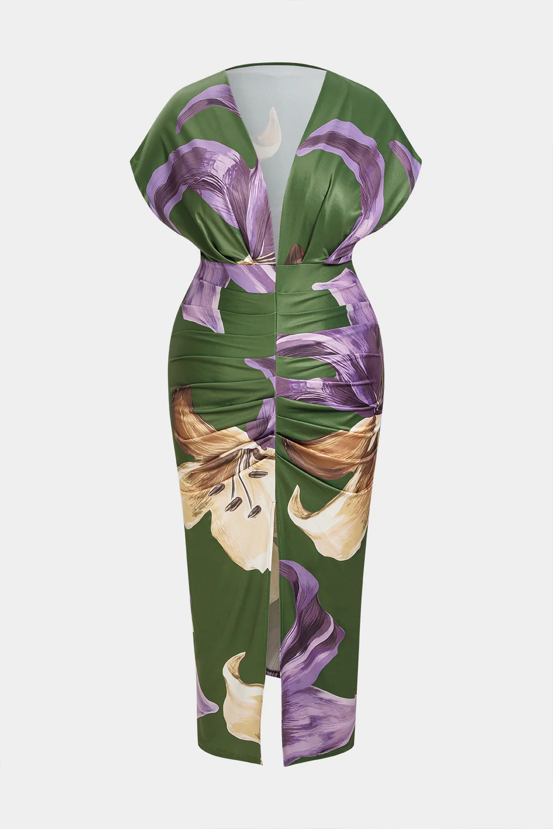 Plus Size Floral Print Deep V-Neck Ruched Sleeveless Midi Dress - Flockneti