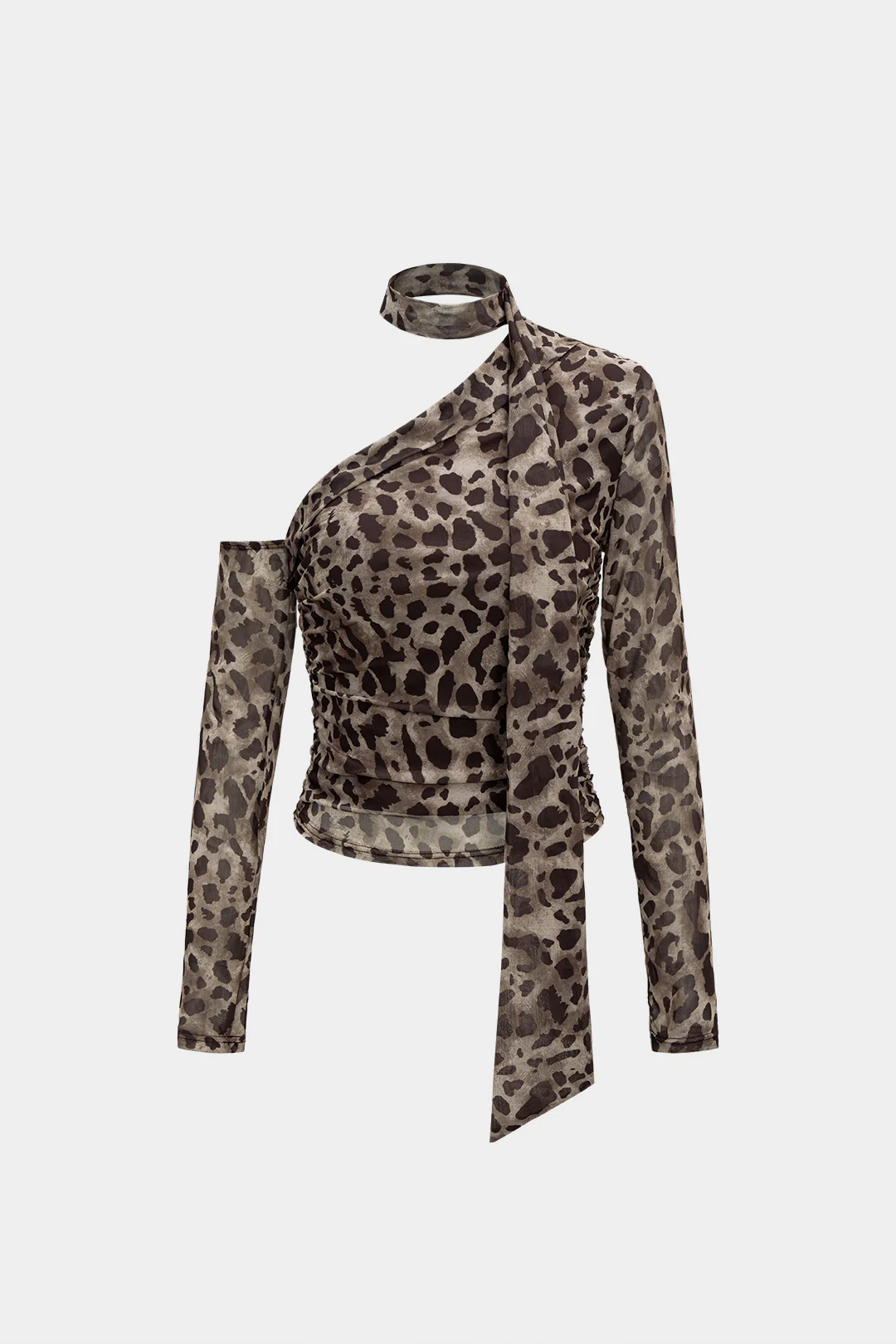 Mesh Leopard Print Asymmetrical Long-Sleeve Top - Flockneti