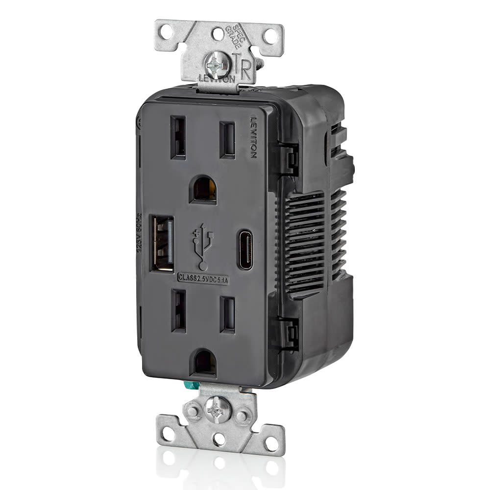 Leviton 15A 125V 5-15R Black Outlet with USB Type A/C Charger - Flockneti