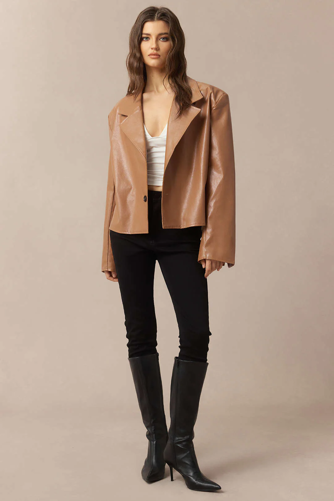 Faux Leather Notched Lapel Jacket - Flockneti