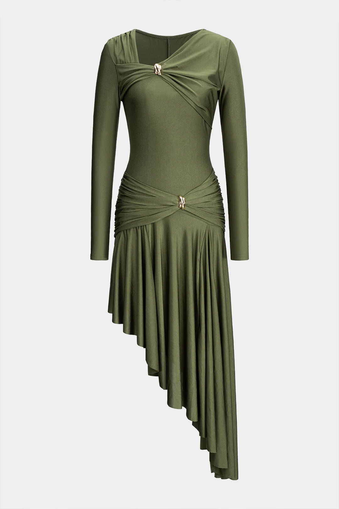 Metallic Ruched Asymmetrical Irregular Hem Long Sleeve Midi Dress - Flockneti