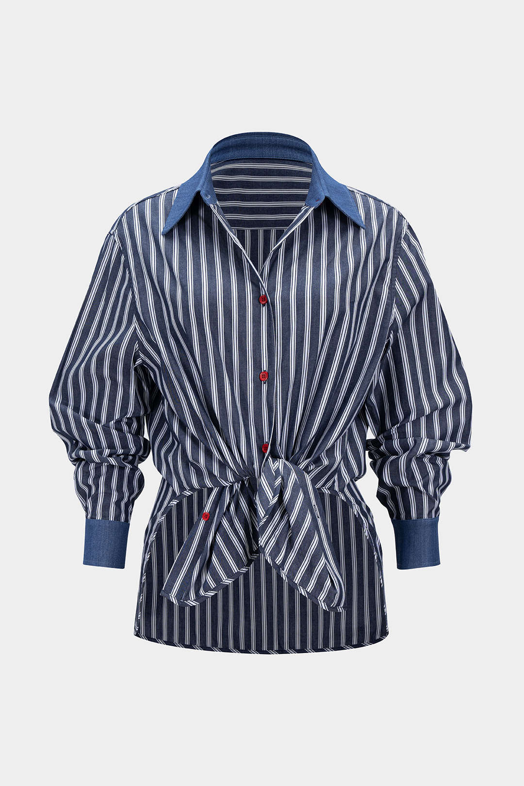 Contrast Stripes Print Denim Patchwork  Button Long-Sleeve Shirt - Flockneti