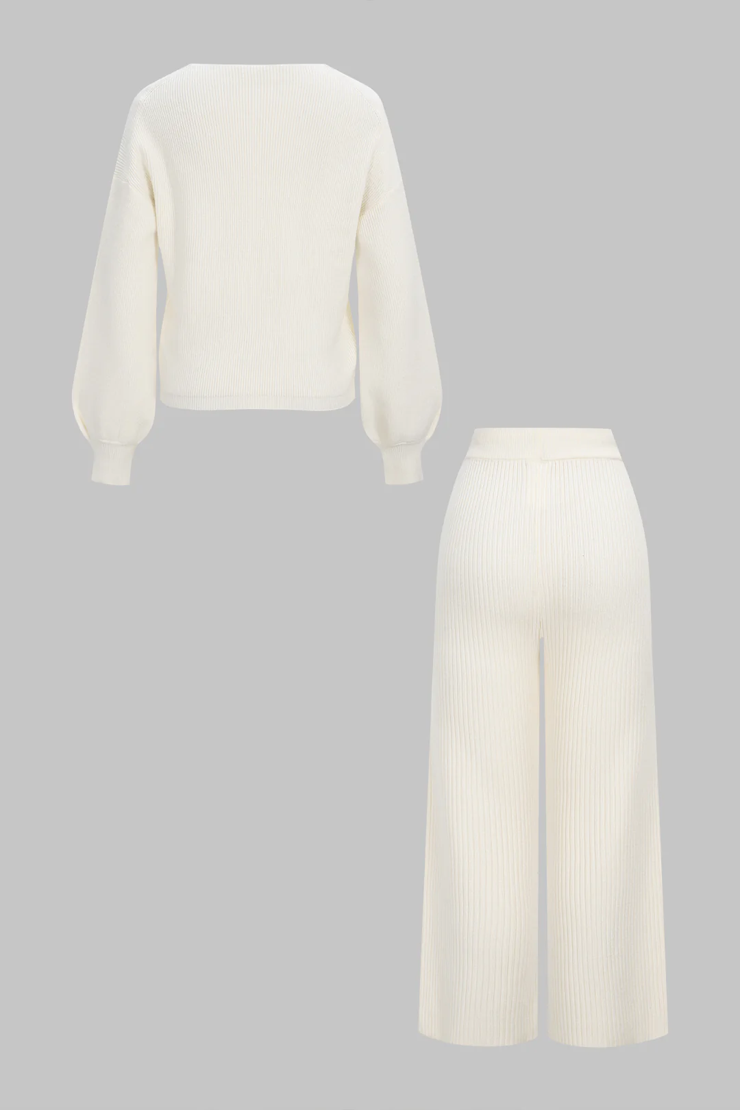 Knit Crossed Long-Sleeve Top And Tie-Up Pants Set - Flockneti