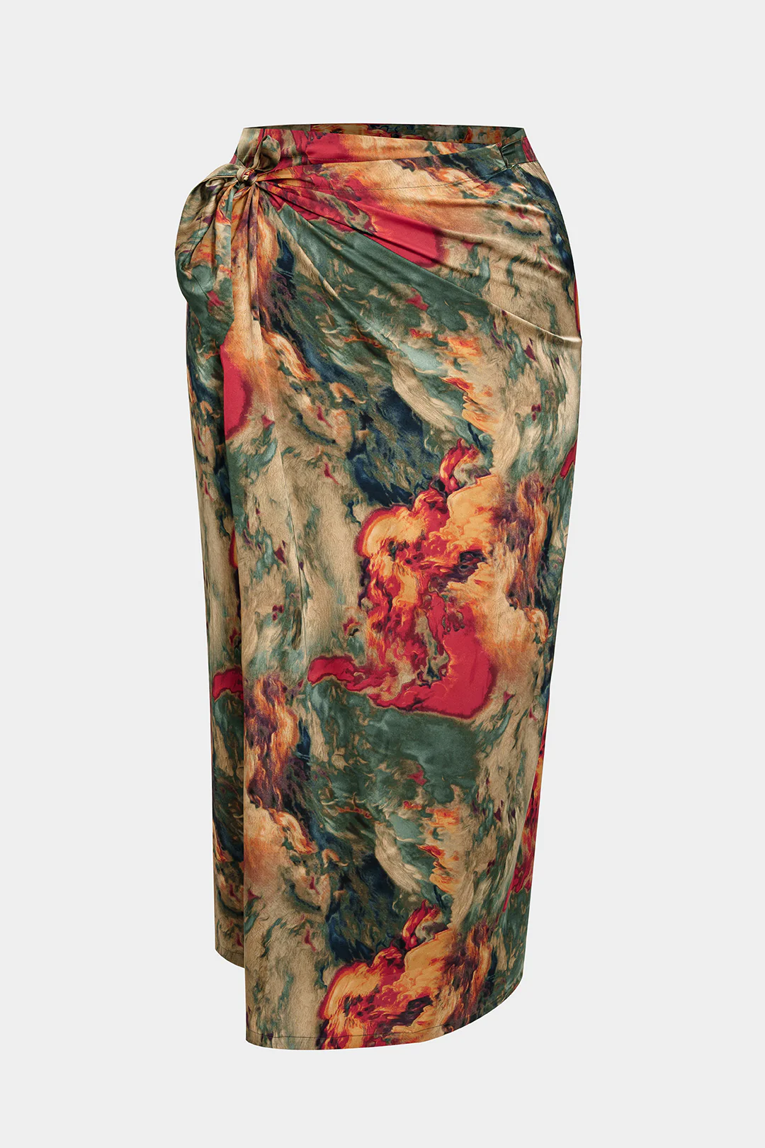 Plus Size Abstract Print Satin Tie Front Skirt - Flockneti