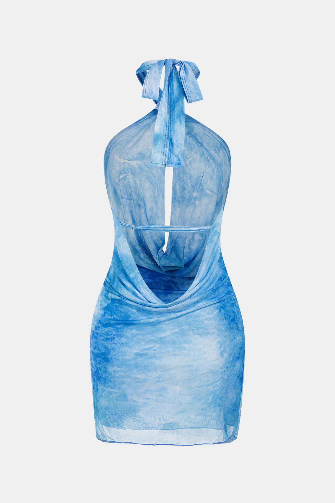 Tie Dye Print Mesh Halter Draped Cowl Neck Cut Out Backless Sleeveless Mini Dress - Flockneti