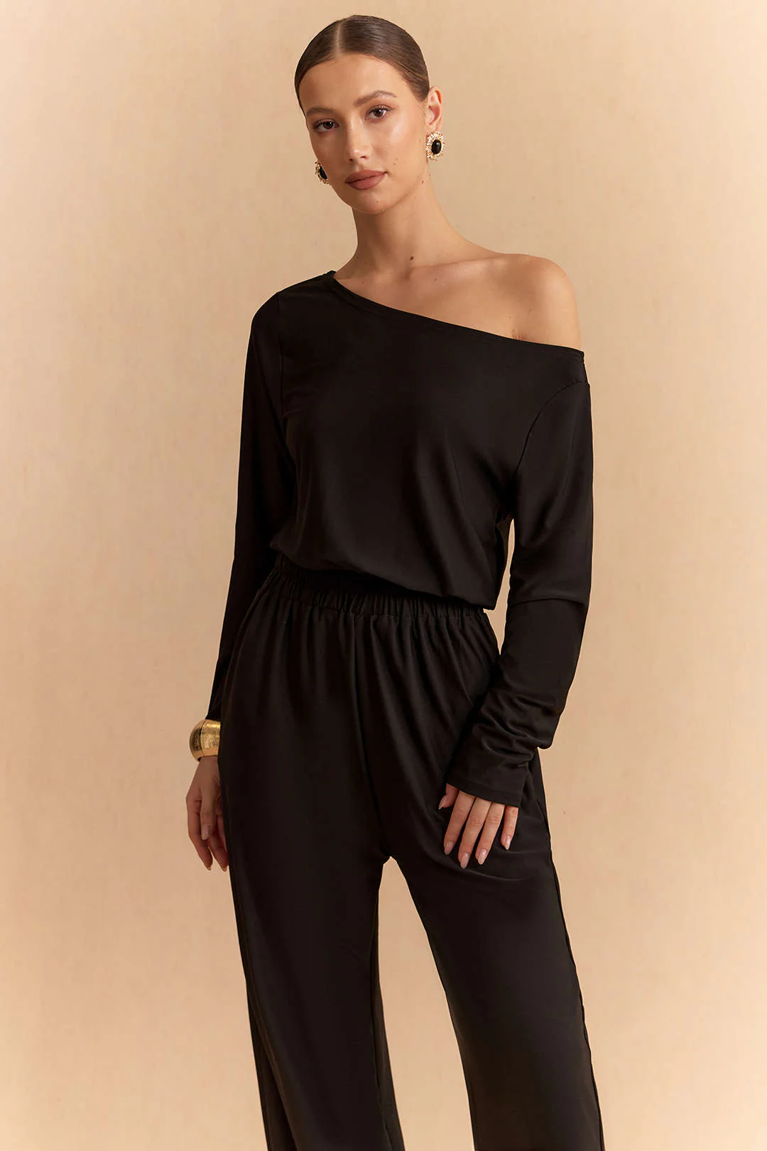 Solid One Shoulder Long Sleeve Jumpsuit - Flockneti