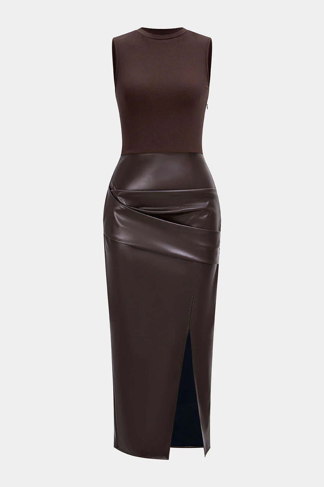 Faux Leather Patchwork Ruched Sleeveless Midi Dress - Flockneti