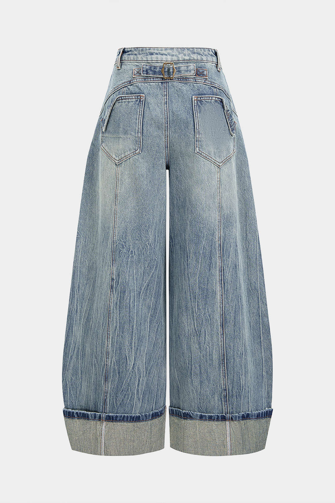 Denim Pocket Cuffed Wide Leg Jeans - Flockneti