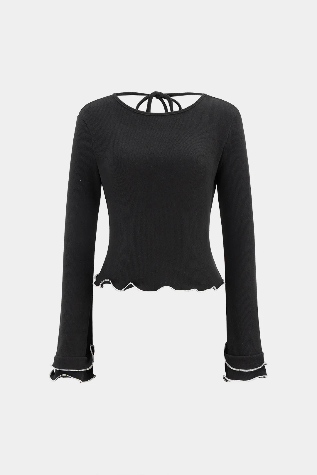 Contrast Scallop Edge Tie-Up Long-Sleeve Top - Flockneti