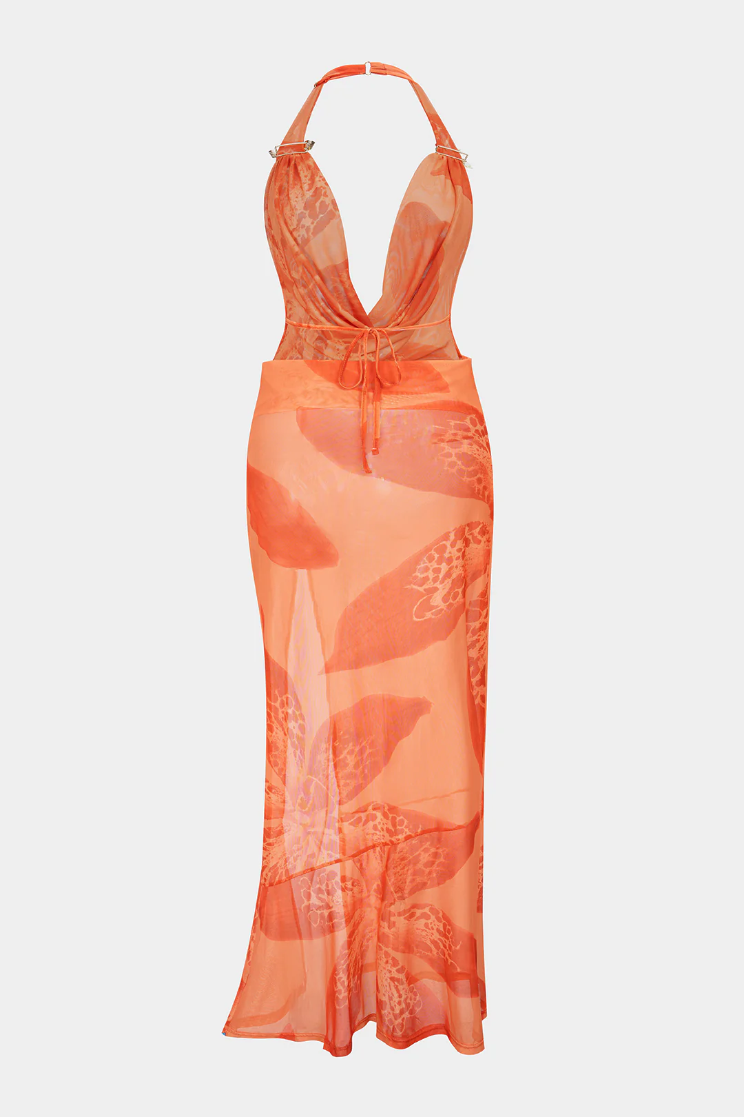 Floral Print Halter Draped Cowl Neck Slit Cover Up - Flockneti
