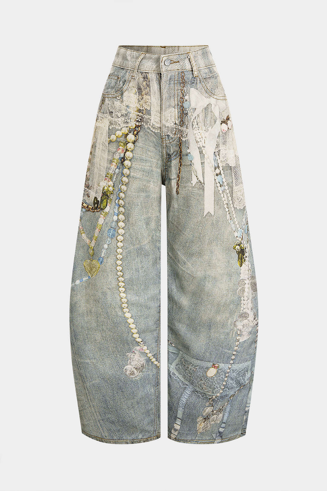 Denim Abstract Print Wide Leg Pants - Flockneti