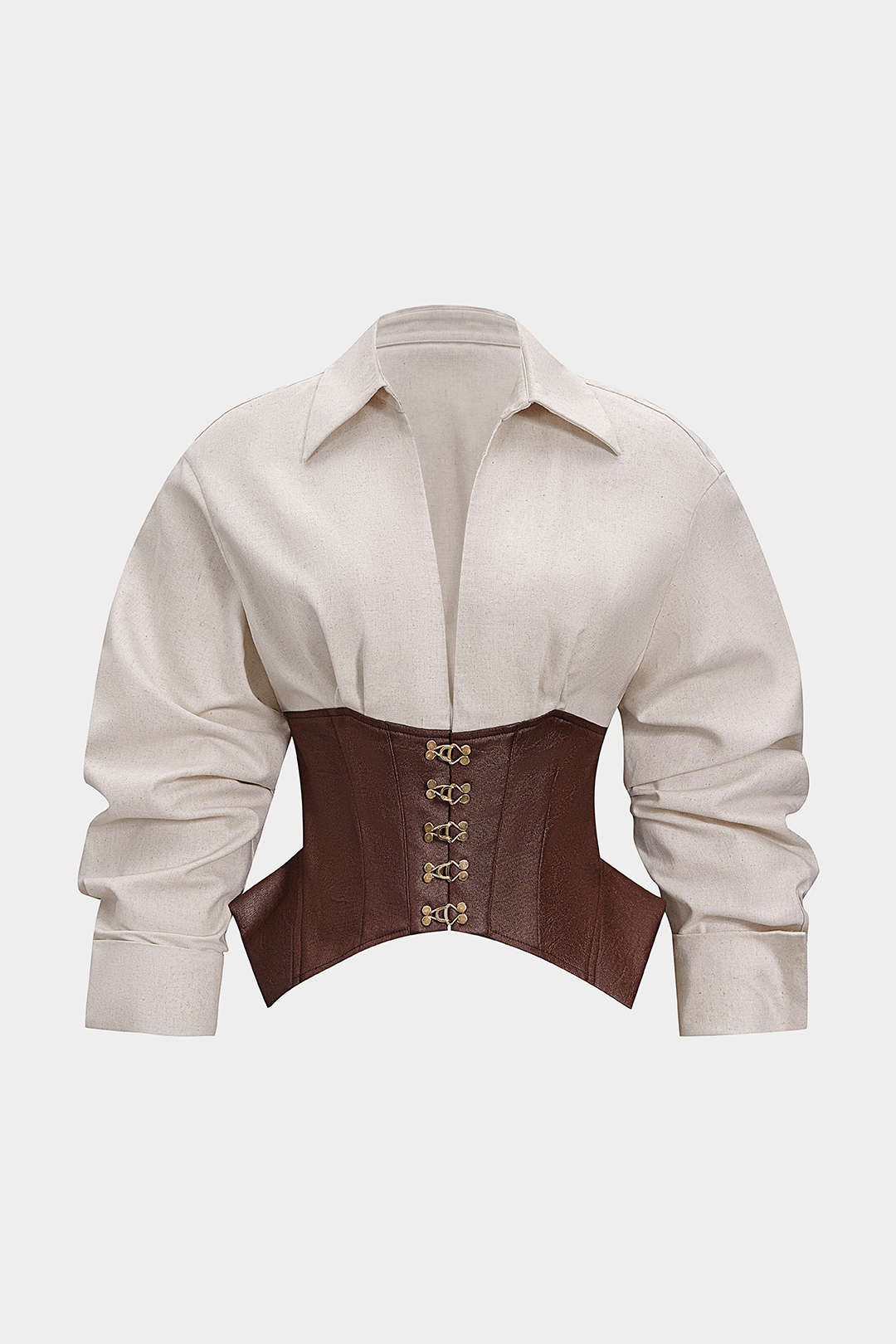 Linen Patchwork Metallic Buckle Long-Sleeve Shirt - Flockneti
