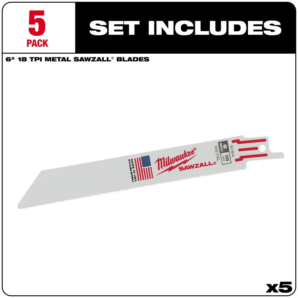 Milwaukee 6 in. 18TPI SAWZALL Blade 5PK - Flockneti