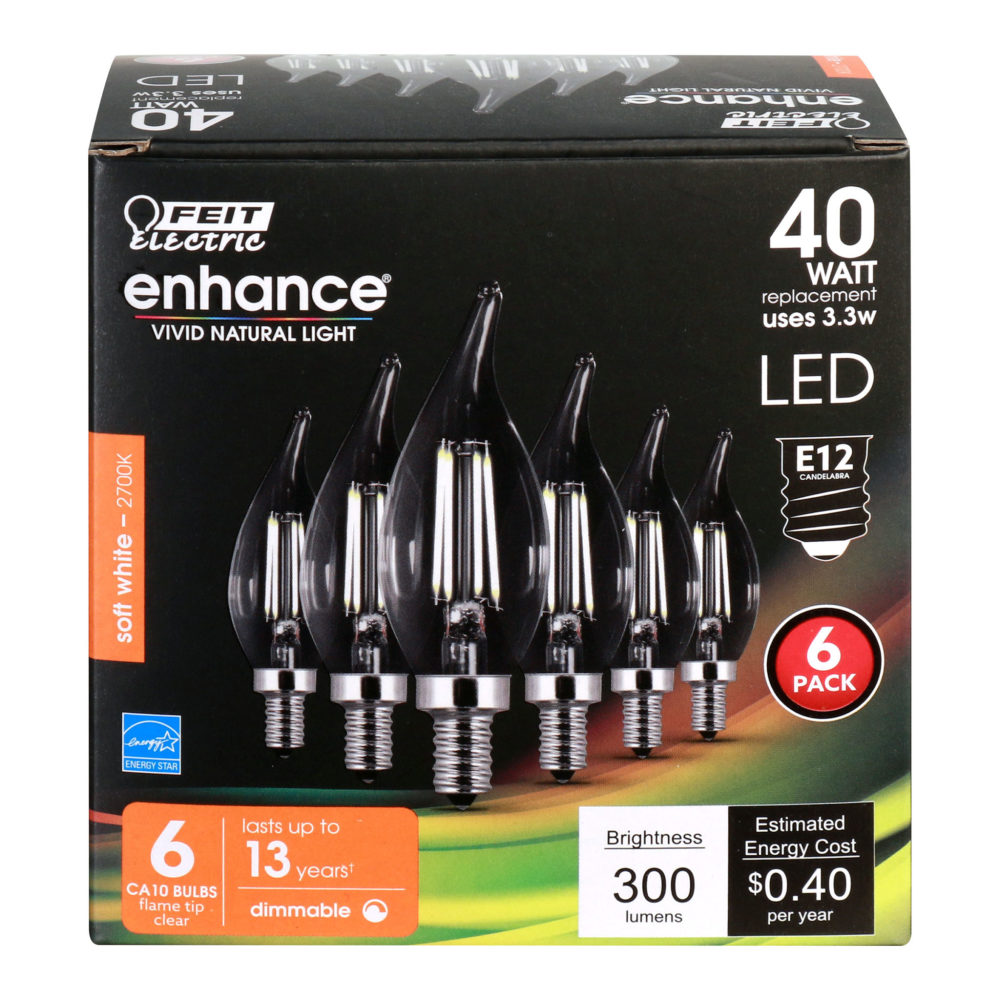 Feit Electric 40W CA10 2700K Dimmable Flame Tip LED Bulb 6pk - Flockneti