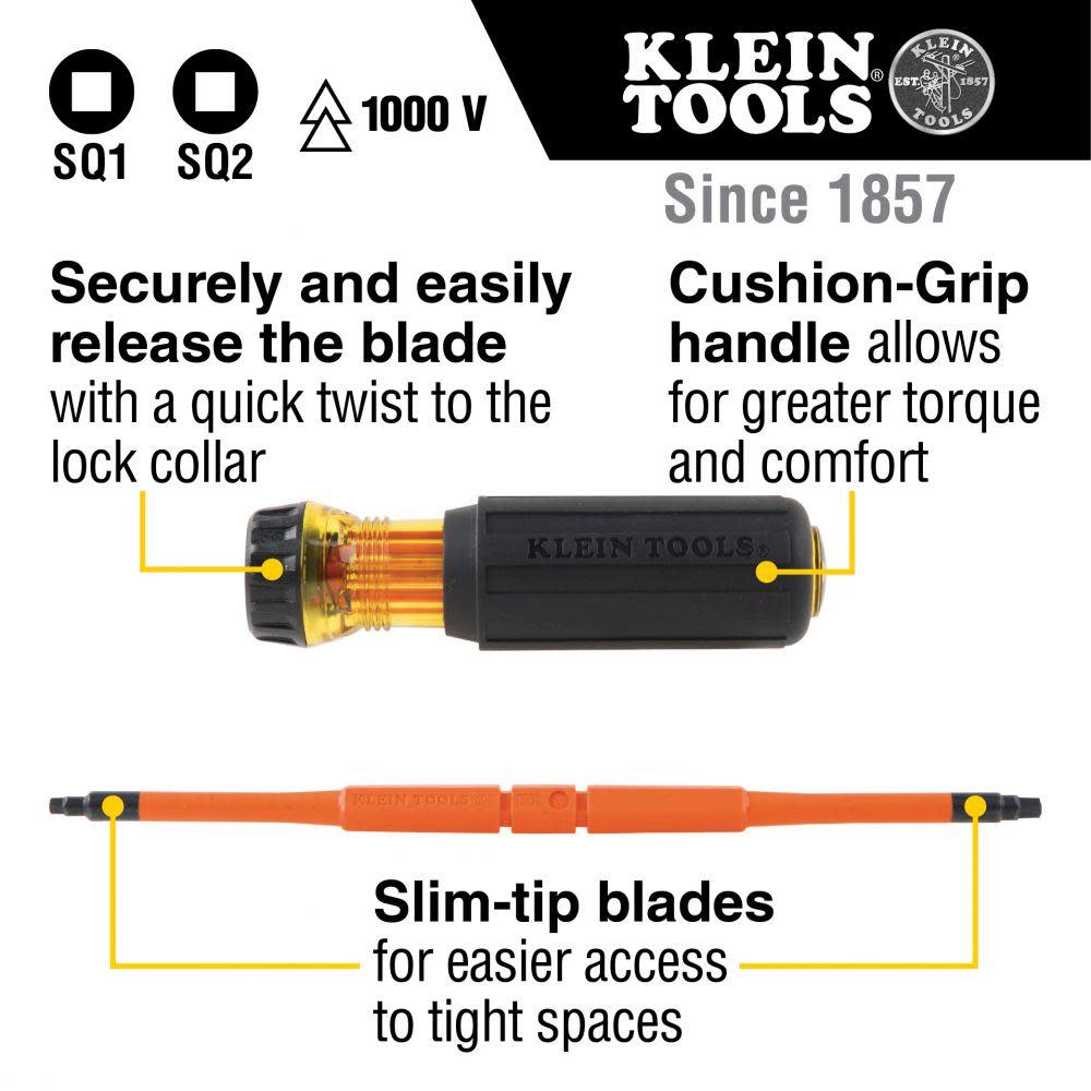 Klein Tools Insulated 2-Bit Driver #1/#2 Sq - Flockneti