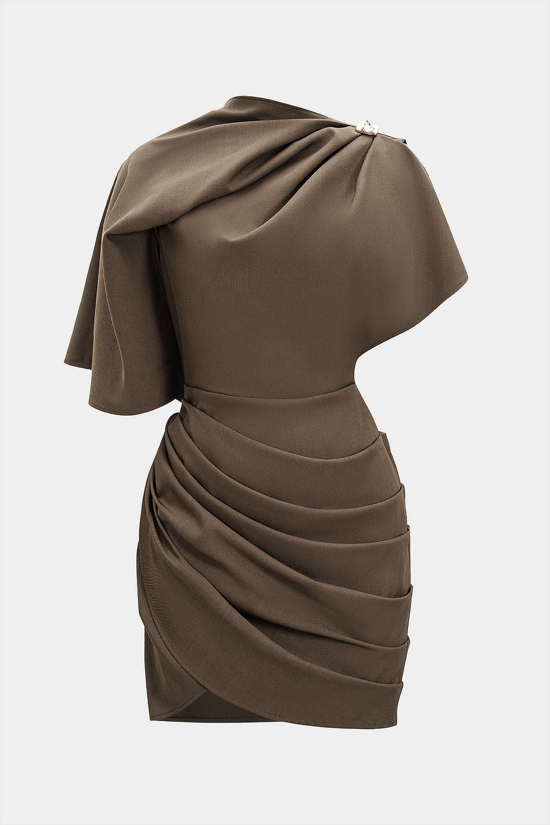 Metallic Ruched Zipper Asymmetrical Short Sleeve Mini Dress - Flockneti