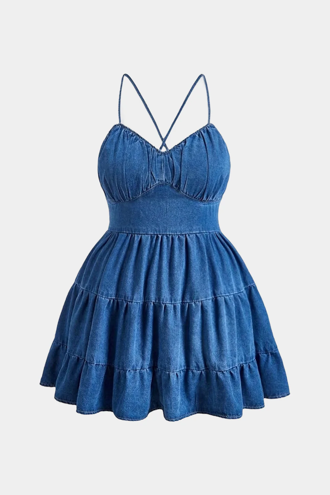 Plus Size Denim Crossed Blackless Ruched Sleeveless Dress - Flockneti