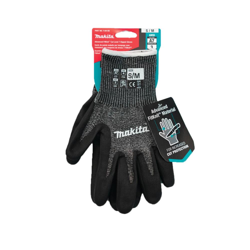 Makita Advanced FitKnit Gloves Cut Level 7 Nitrile Coated Dipped S/M - Flockneti