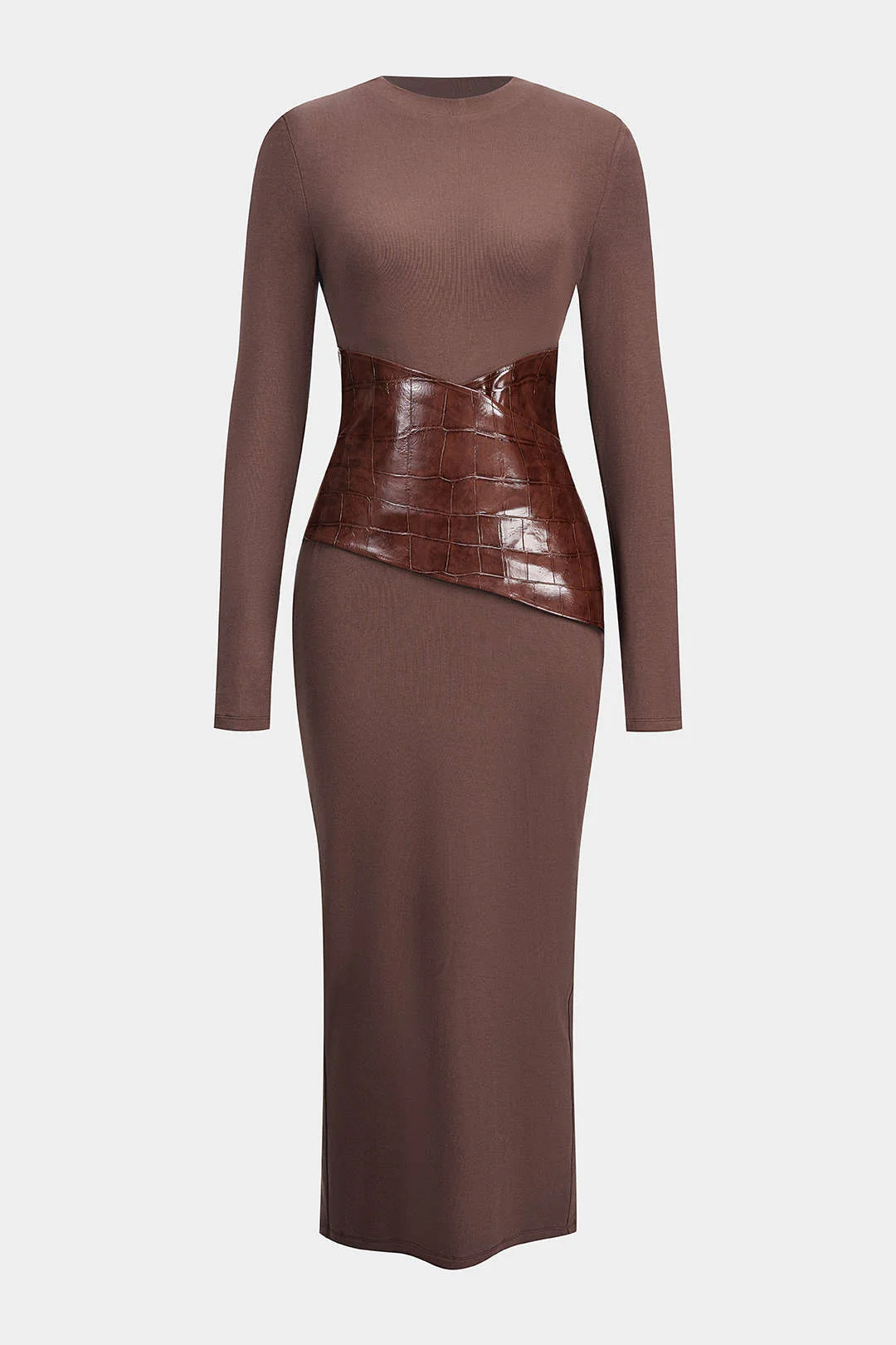 Faux Leather Round Neck Patchwork Long Sleeve Maxi Dress - Flockneti