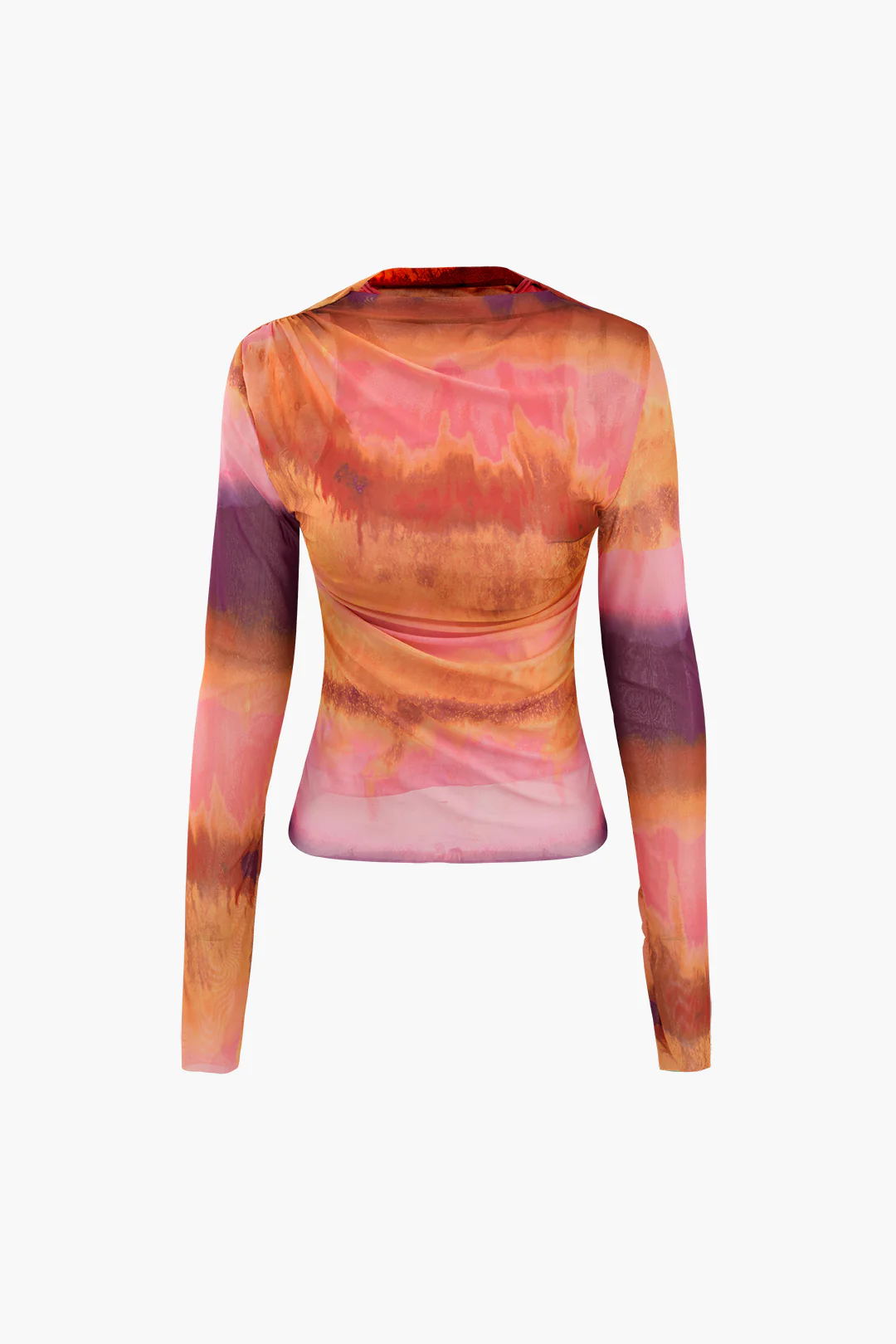 Mesh Contrast Print Ruched Long-Sleeve Top - Flockneti