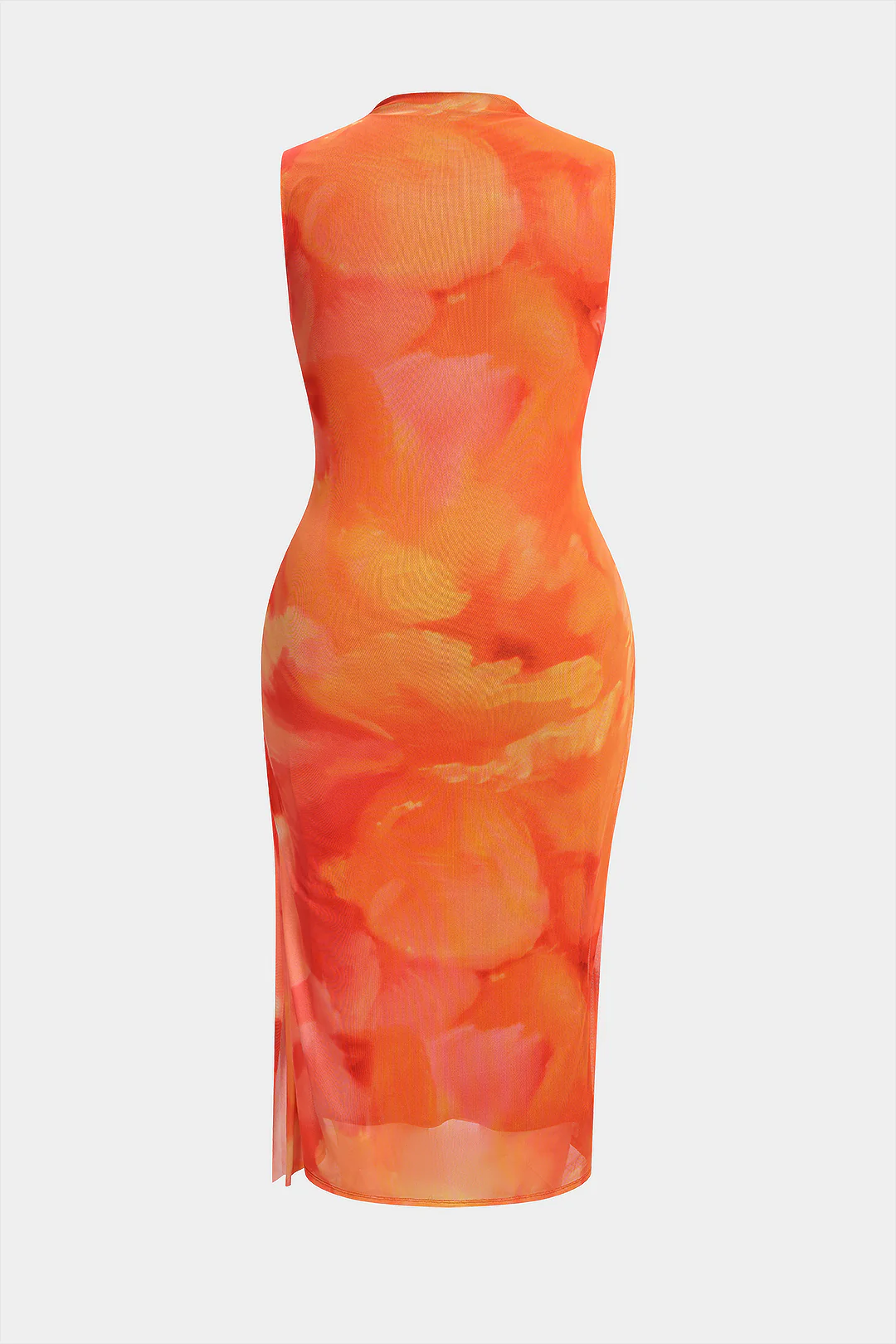 Plus Size Floral Print Mesh Mock Neck Asymmetrical Sleeveless Midi Dress - Flockneti