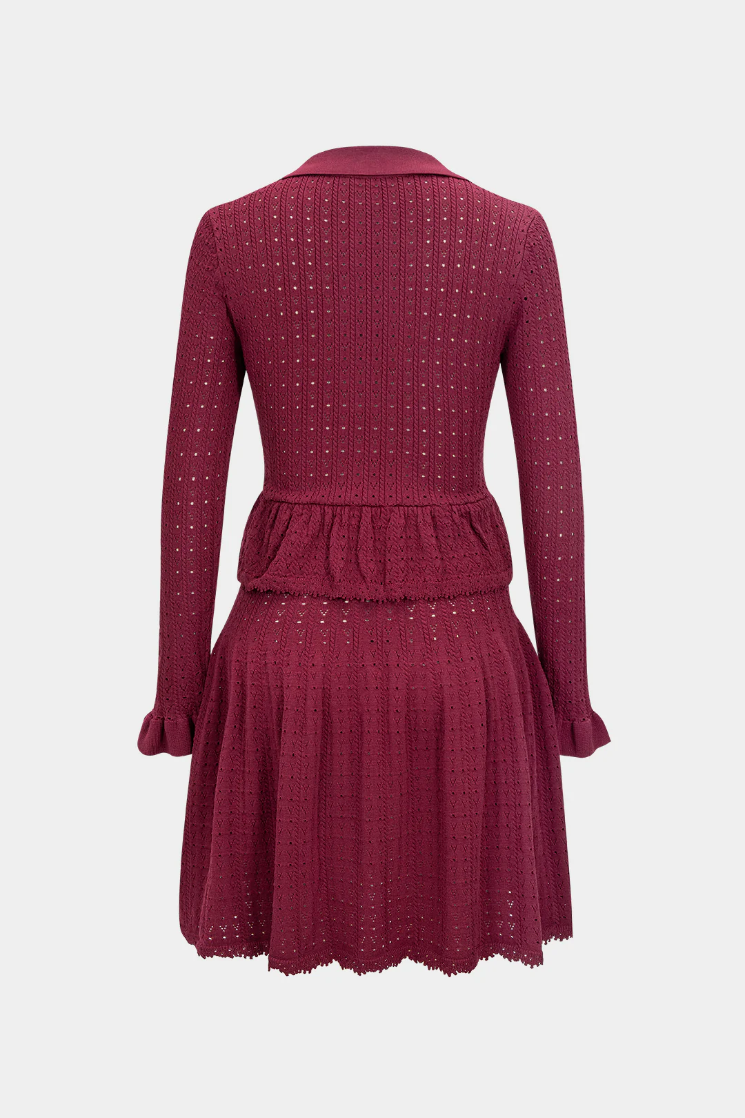 Knit V-Neck Hollow Out Ruffle Long-Sleeve Dress - Flockneti