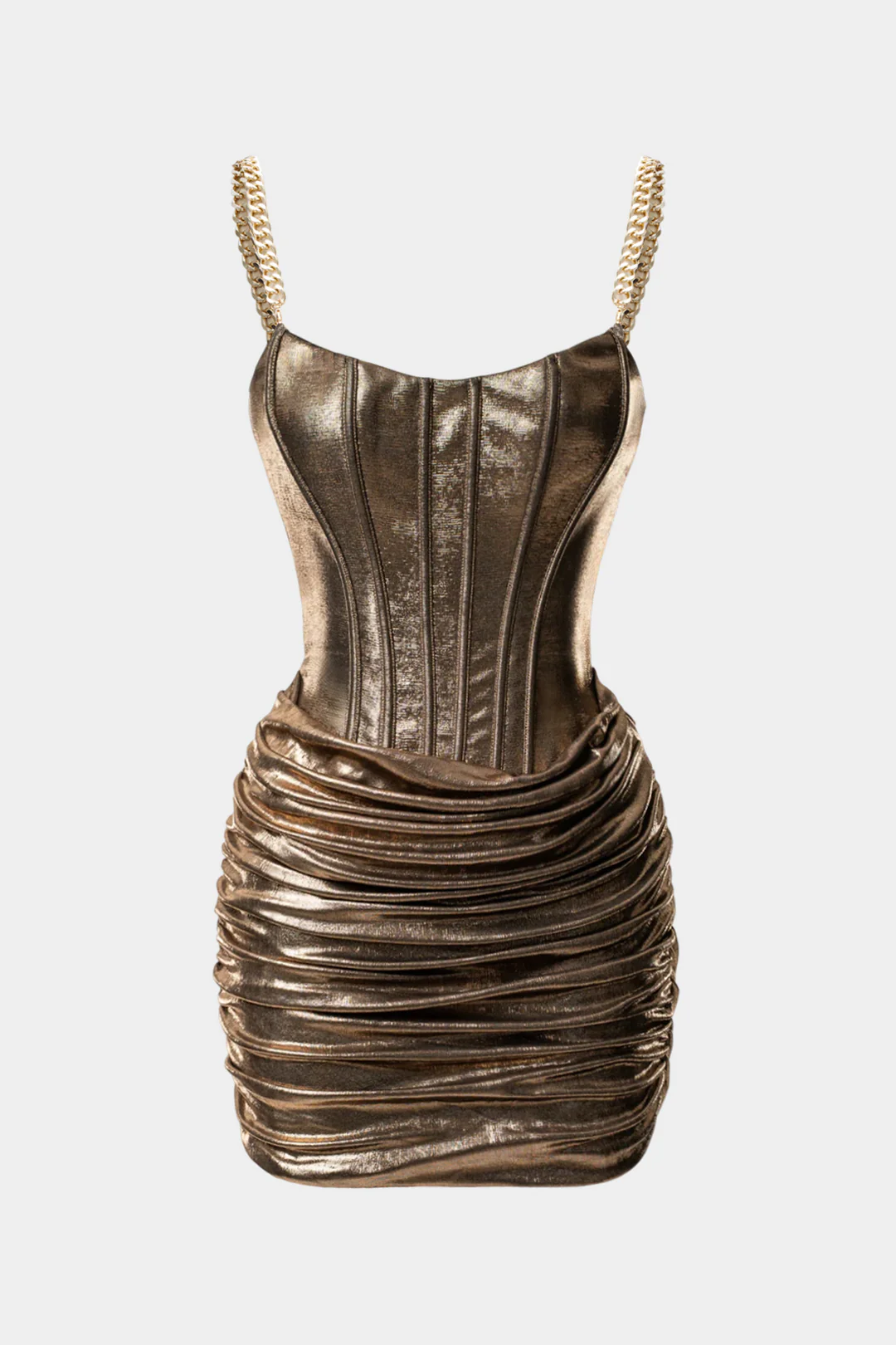 Metallic Chain Ruched Zipper Sleeveless Mini Dress - Flockneti