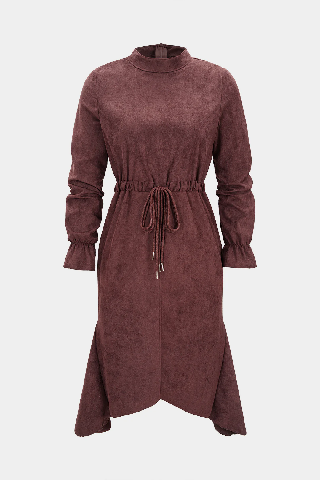 Suede Drawstring Zipper Long Sleeve Midi Dress - Flockneti