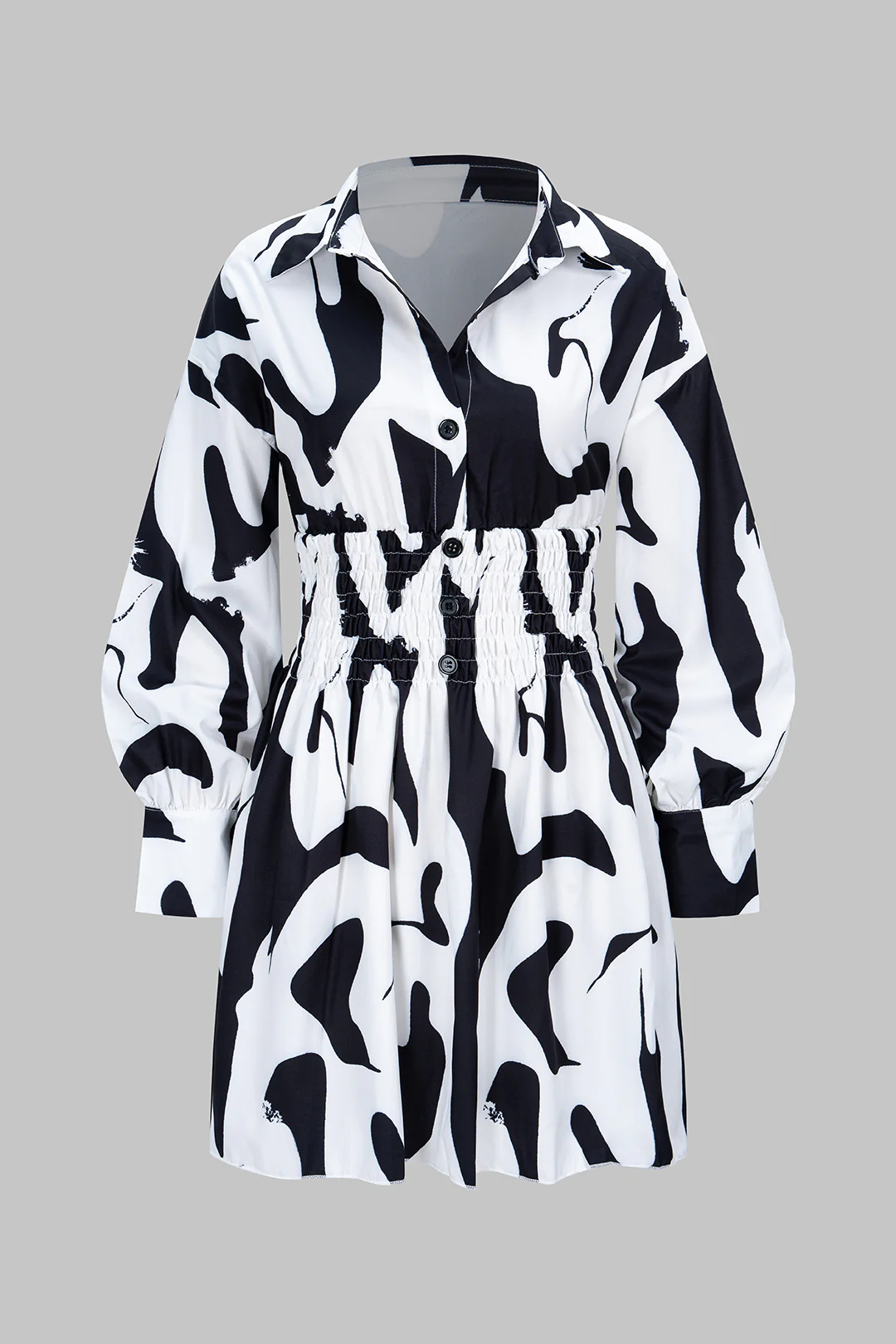 Geometric Print Polo Collar Waist-Cinching Long Sleeve Mini Dress - Flockneti