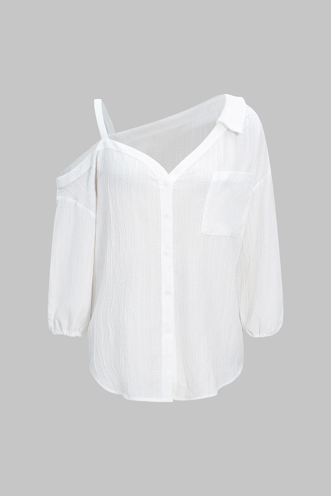 Plus Size Button Asymmetrical Shoulder Long-Sleeve Shirt - Flockneti