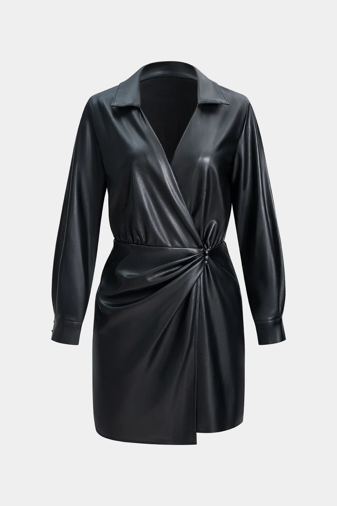 Faux Leather V-Neck Ruched Long Sleeve Mini Dress - Flockneti