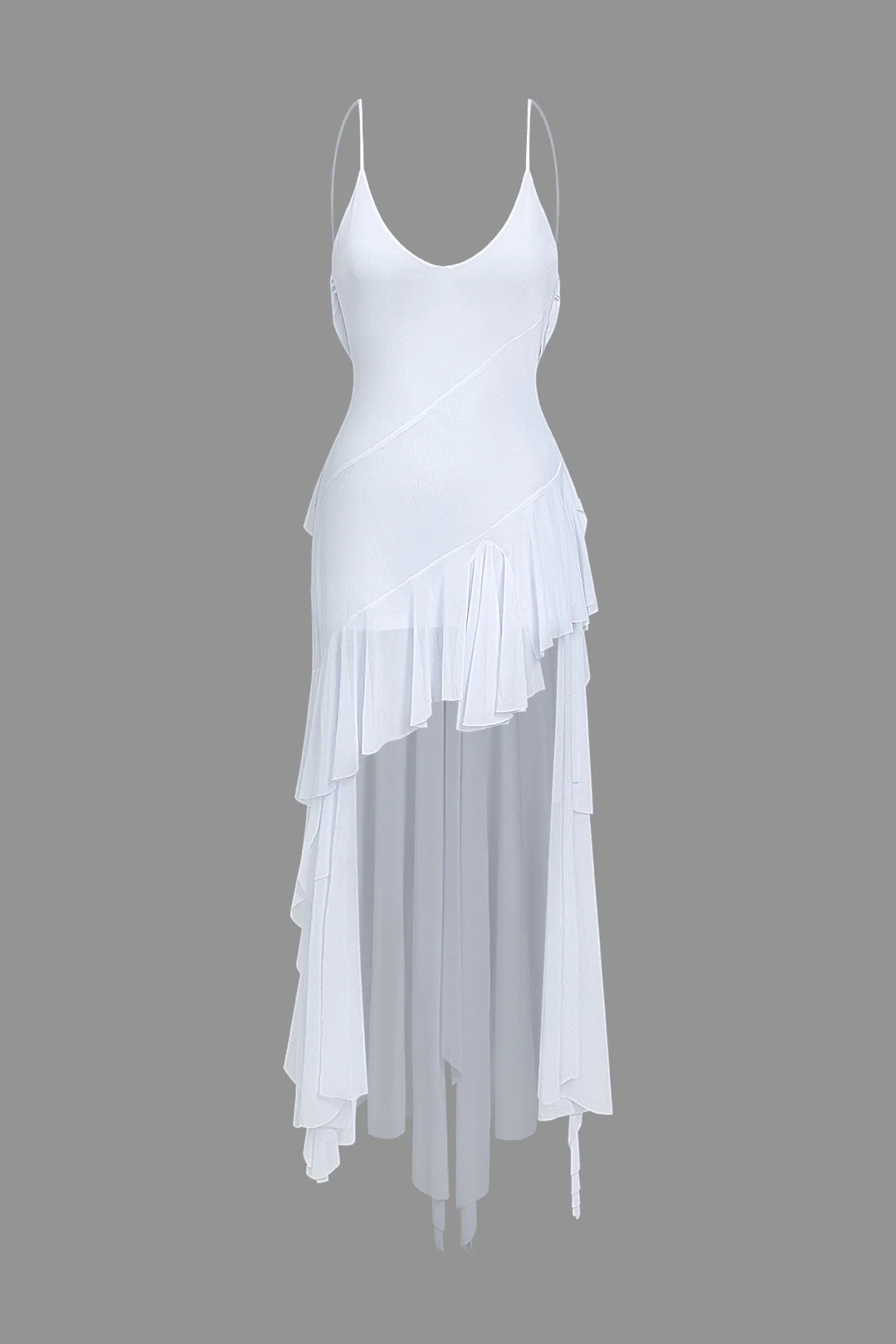 Mesh Backless Asymmetrical Ruffle Sleeveless Maxi Dress - Flockneti