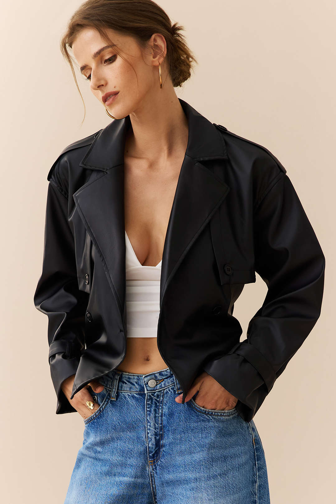 Faux Leather Belted Jacket - Flockneti