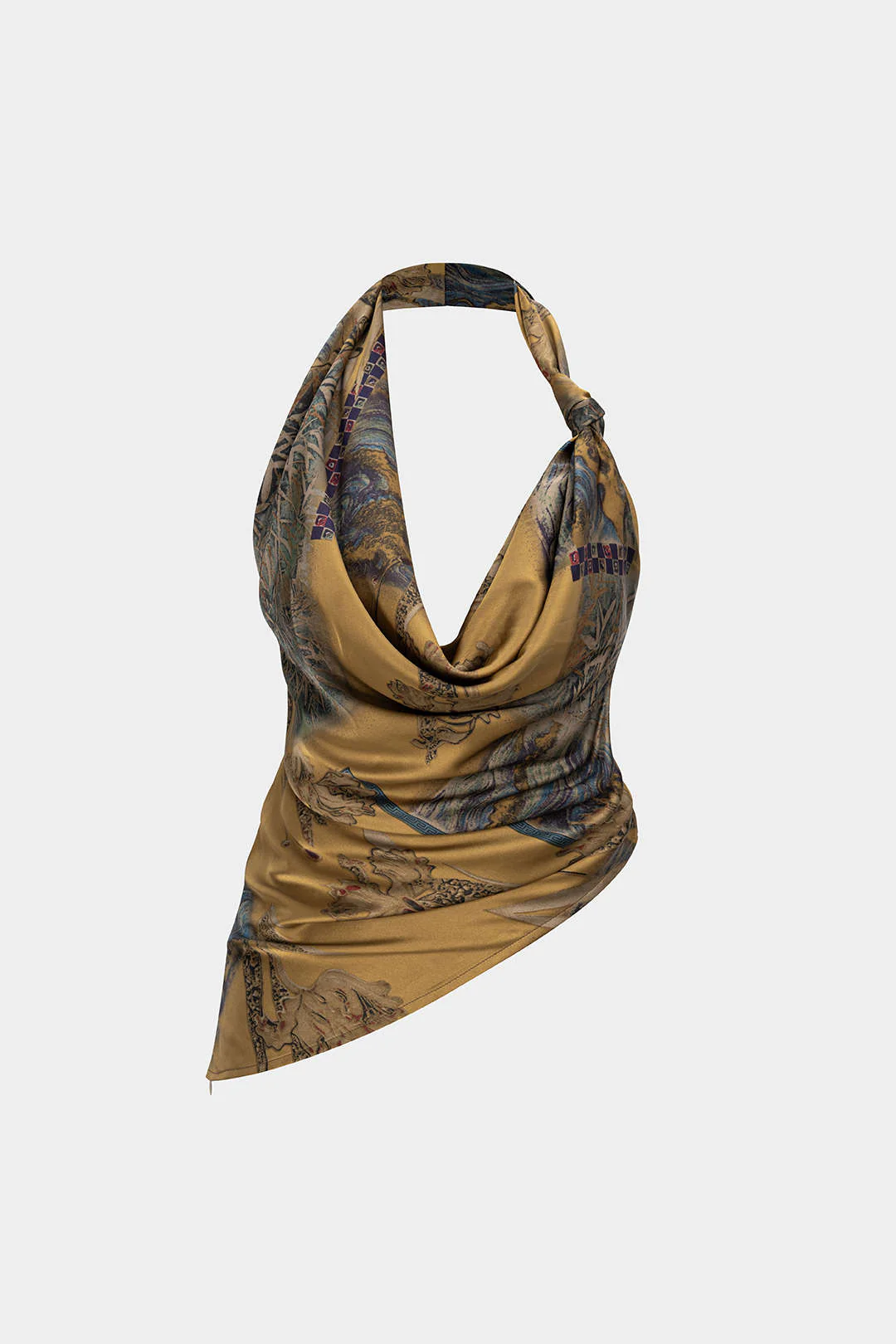 Retro Print Satin Halter Neck Draped Cowl Neck Cami Top - Flockneti