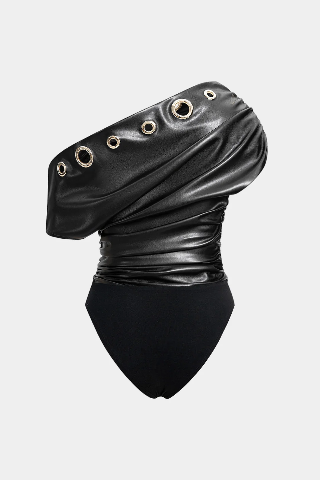 Faux Leather Patchwork Eyelet Decor Asymmetrical One Shoulder Bodysuit - Flockneti