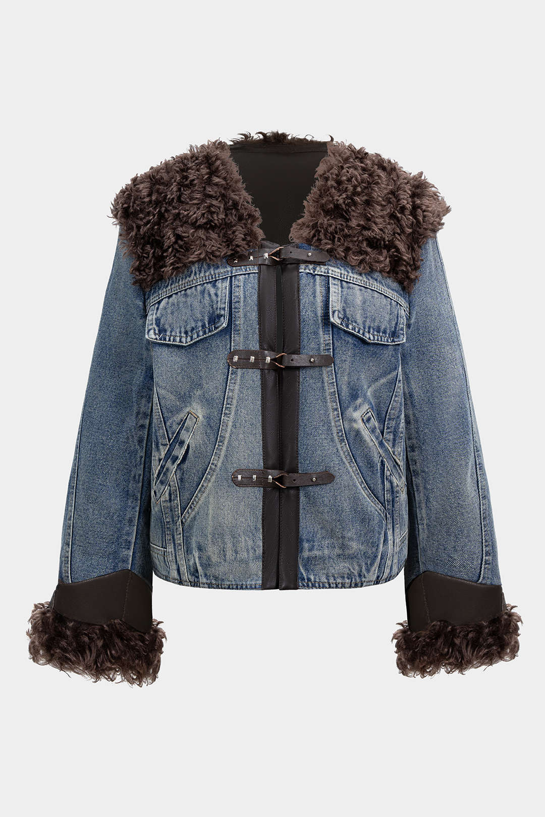 Denim Patchwork Faux Fur Pocket Outerwear - Flockneti