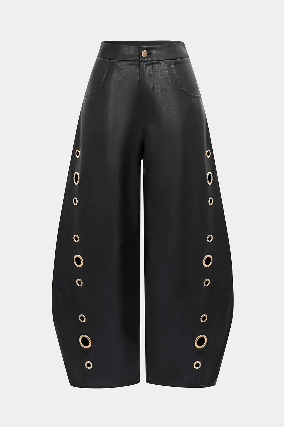 Faux Leather Metallic Zipper Hollow Out Ring Trousers - Flockneti