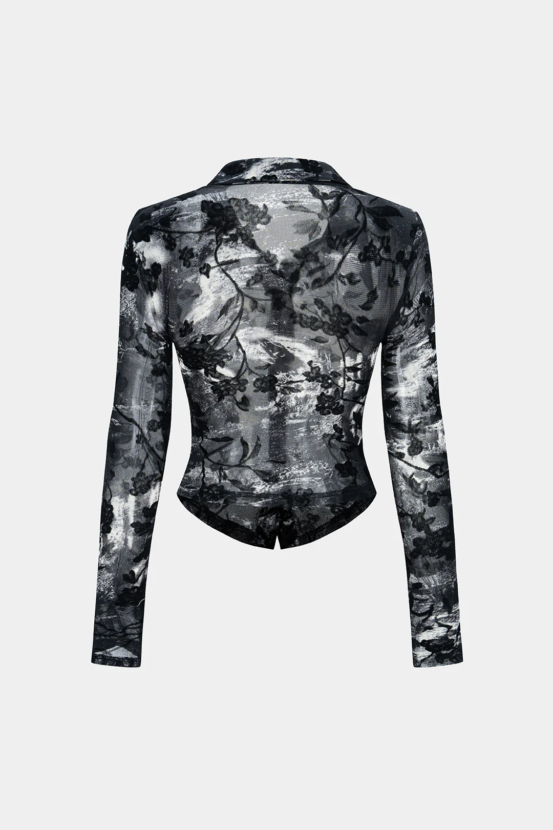 Sheer Floral Print Lapel Long Sleeve Top - Flockneti
