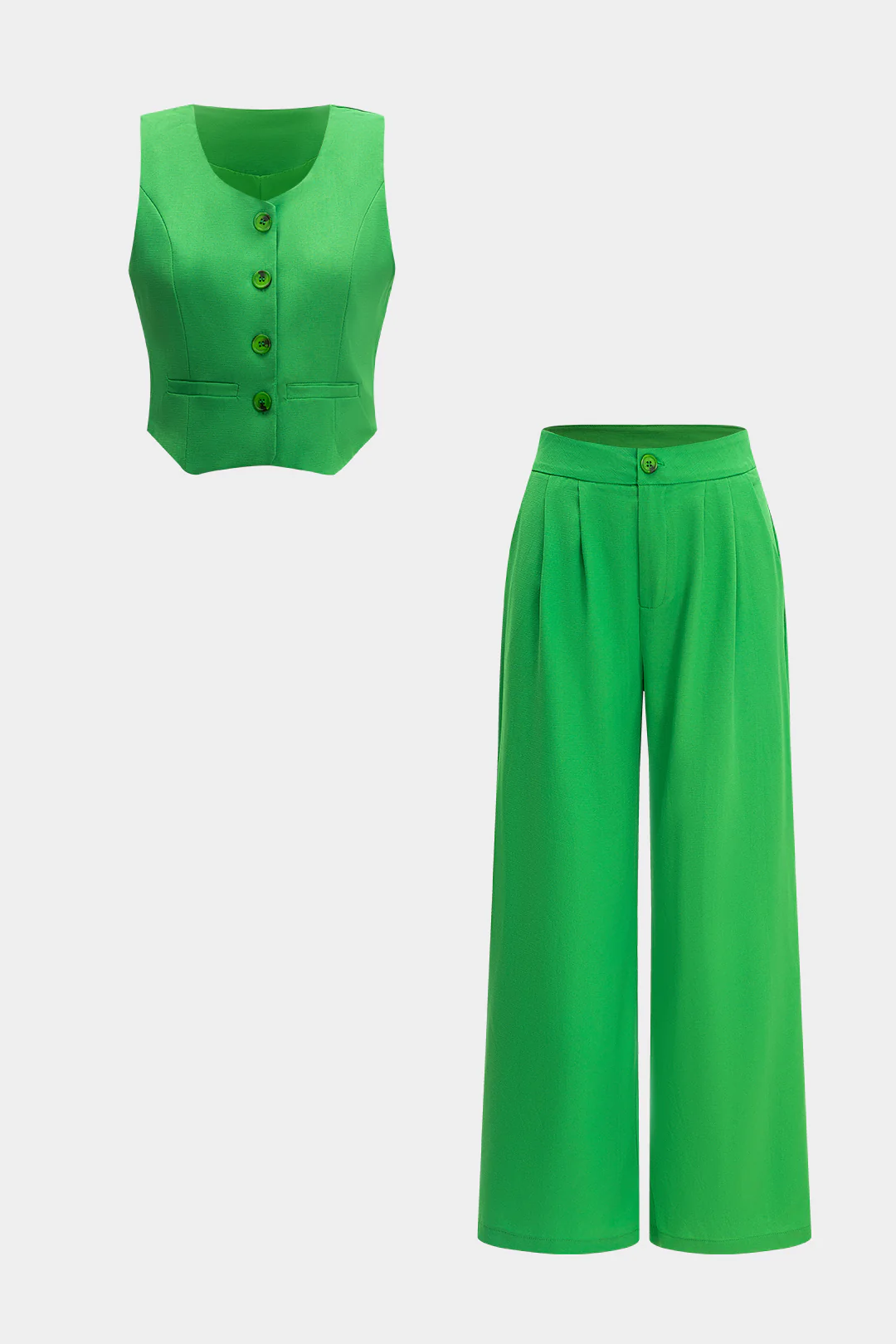 Solid Button Tank Top And Pleated Long Trousers Set - Flockneti