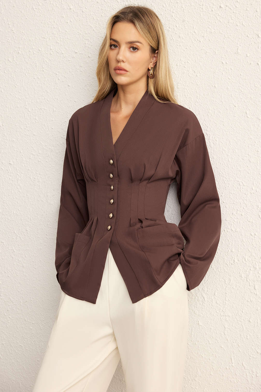 Metallic Button V-Neck Pocket Long-Sleeve Shirt - Flockneti
