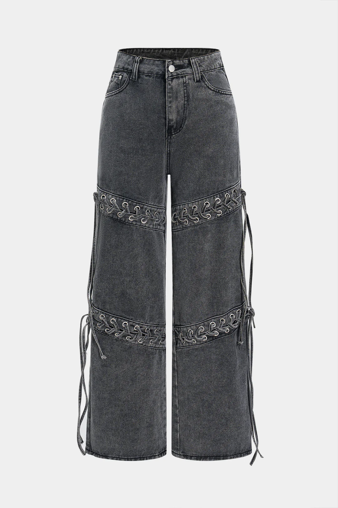 Denim Washed Lace-Up Wide Leg Jeans - Flockneti