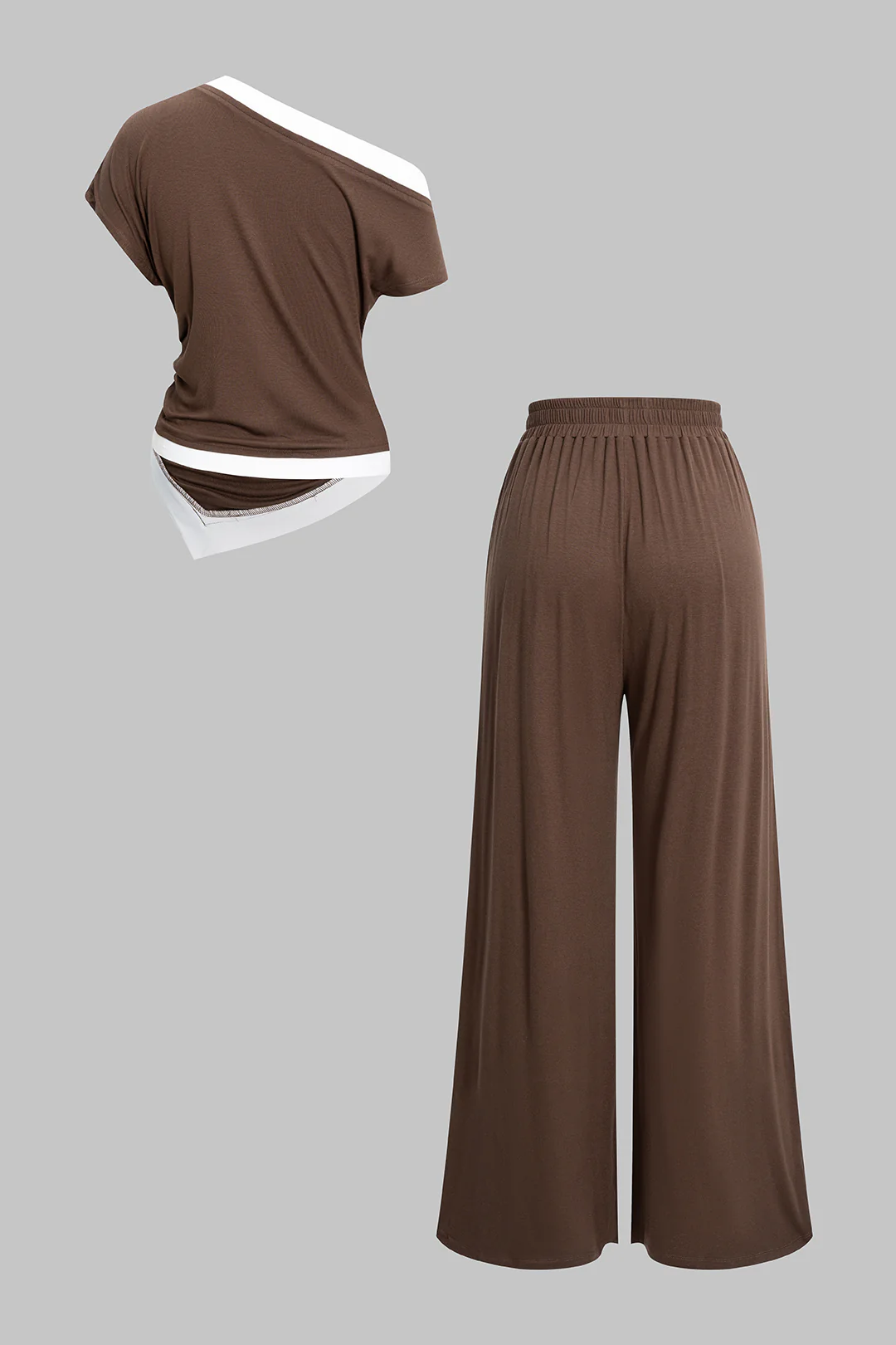 Asymmetrical Ruched Short-Sleeve Top And Shirred Waistband Pants Set - Flockneti
