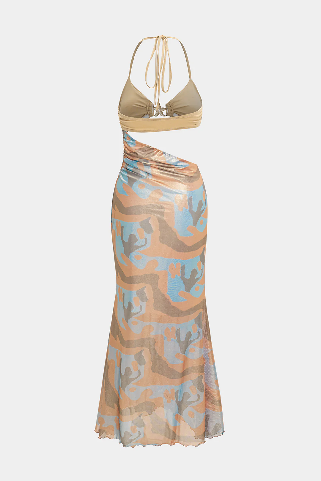 Abstract Print Satin Tie-Up Halter Neck Cut Out Sleeveless Maxi Dress - Flockneti