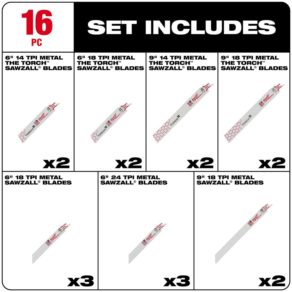 Milwaukee SAWZALL Metal Cutting Blade Set 16pc - Flockneti