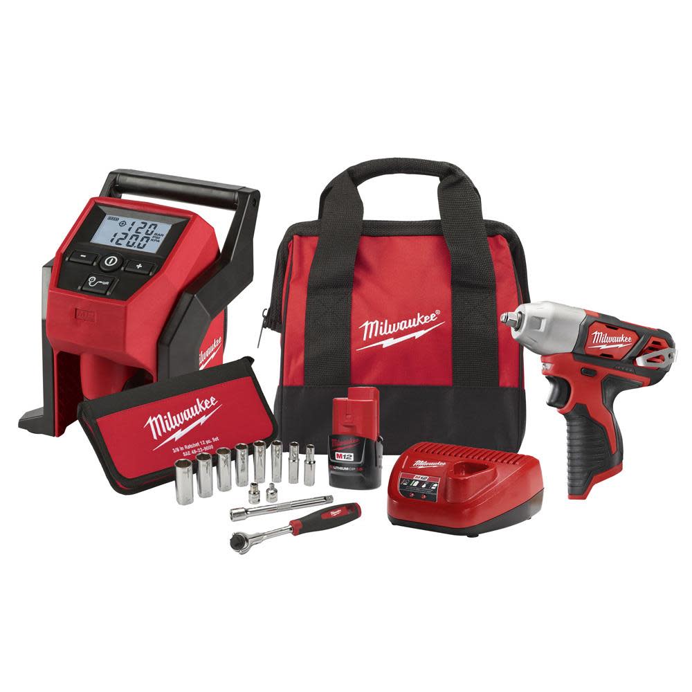 Milwaukee M12 3/8 in. Impact Wrench Kit with Inflator - Flockneti