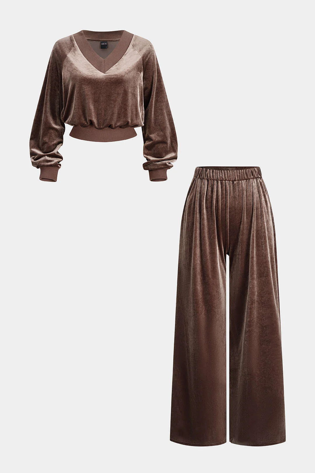Velvet Patchwork V-Neck Long Sleeve Top And Shirred Waistband Wide-Leg Pants Set - Flockneti