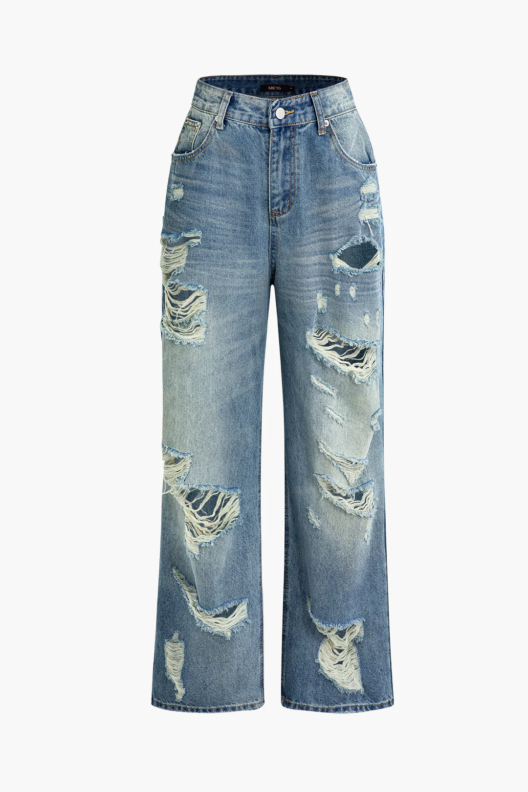 Denim Ripped Cut Out Frayed Wide Leg Jeans - Flockneti