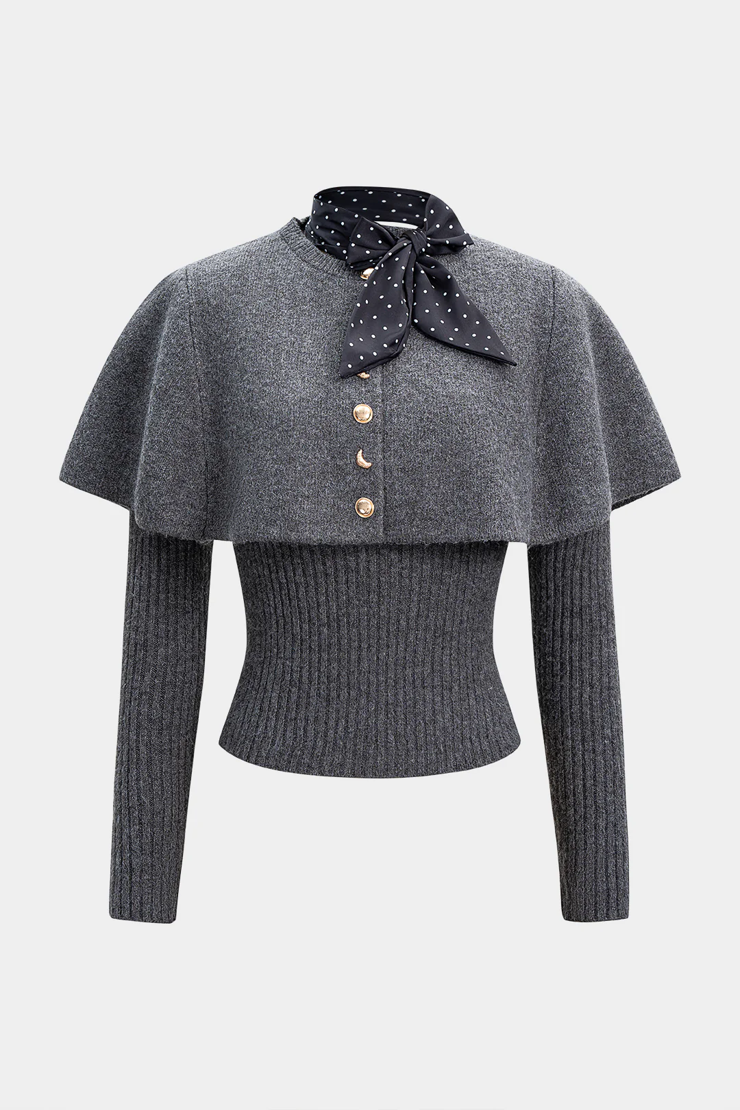 Knit Metallic Irregular Button Long-Sleeve Top With Scarf - Flockneti